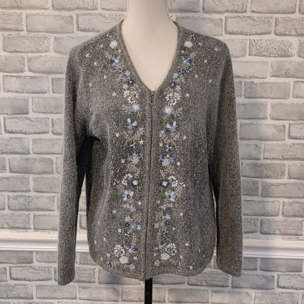 Vintage Silk Angora Embroidered Cardigan Sweater Soft Cozy Romantic Cottage Gran